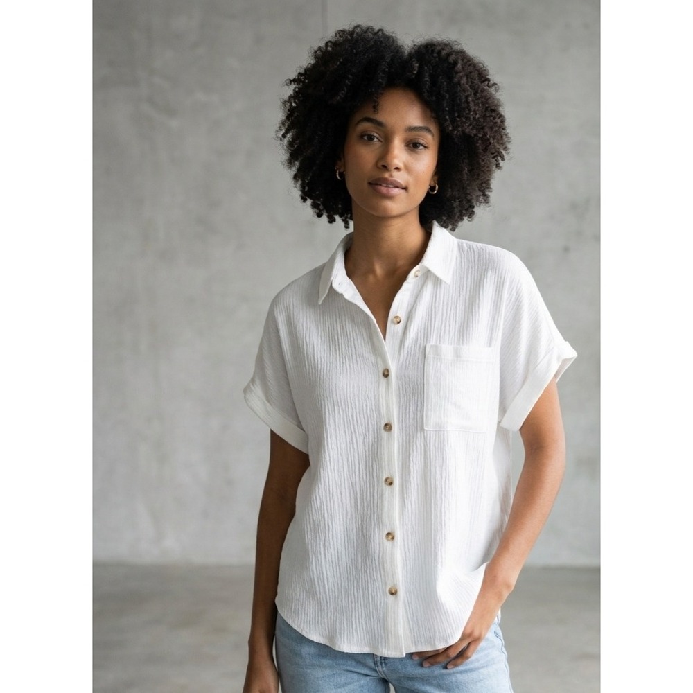 Flag & Anthem Gauze Textured Button Down Short Sleeve Shirt White XL